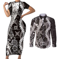 Hawaii Puakenikeni and Maile Lei Couples Matching Short Sleeve Bodycon Dress and Long Sleeve Button Shirt Black Japanese Wave Style - Polynesian Pride