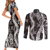 Hawaii Puakenikeni and Maile Lei Couples Matching Short Sleeve Bodycon Dress and Long Sleeve Button Shirt Black Japanese Wave Style - Polynesian Pride
