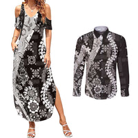 Hawaii Puakenikeni and Maile Lei Couples Matching Summer Maxi Dress and Long Sleeve Button Shirt Black Japanese Wave Style - Polynesian Pride