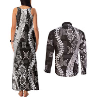 Hawaii Puakenikeni and Maile Lei Couples Matching Tank Maxi Dress and Long Sleeve Button Shirt Black Japanese Wave Style - Polynesian Pride