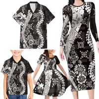 Hawaii Puakenikeni and Maile Lei Family Matching Long Sleeve Bodycon Dress and Hawaiian Shirt Black Japanese Wave Style - Polynesian Pride