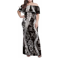 Hawaii Puakenikeni and Maile Lei Family Matching Off Shoulder Maxi Dress and Hawaiian Shirt Black Japanese Wave Style - Polynesian Pride