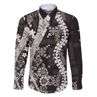 Hawaii Puakenikeni and Maile Lei Family Matching Off Shoulder Short Dress and Hawaiian Shirt Black Japanese Wave Style - Polynesian Pride