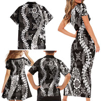 Hawaii Puakenikeni and Maile Lei Family Matching Short Sleeve Bodycon Dress and Hawaiian Shirt Black Japanese Wave Style - Polynesian Pride