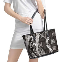Hawaii Puakenikeni and Maile Lei Leather Tote Bag Black Japanese Wave Style LT9 - Polynesian Pride