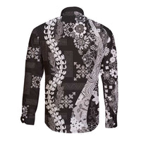 Hawaii Puakenikeni and Maile Lei Long Sleeve Button Shirt Black Japanese Wave Style - Polynesian Pride