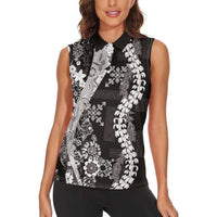 Hawaii Puakenikeni and Maile Lei Women Sleeveless Polo Shirt Black Japanese Wave Style - Polynesian Pride