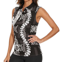 Hawaii Puakenikeni and Maile Lei Women Sleeveless Polo Shirt Black Japanese Wave Style - Polynesian Pride