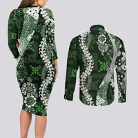 Hawaii Puakenikeni and Maile Lei Couples Matching Long Sleeve Bodycon Dress and Long Sleeve Button Shirt Green Japanese Wave Style - Polynesian Pride