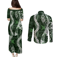 Hawaii Puakenikeni and Maile Lei Couples Matching Puletasi and Long Sleeve Button Shirt Green Japanese Wave Style - Polynesian Pride