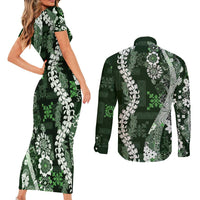 Hawaii Puakenikeni and Maile Lei Couples Matching Short Sleeve Bodycon Dress and Long Sleeve Button Shirt Green Japanese Wave Style - Polynesian Pride