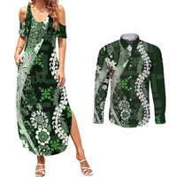 Hawaii Puakenikeni and Maile Lei Couples Matching Summer Maxi Dress and Long Sleeve Button Shirt Green Japanese Wave Style - Polynesian Pride