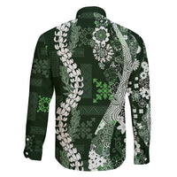 Hawaii Puakenikeni and Maile Lei Family Matching Long Sleeve Bodycon Dress and Hawaiian Shirt Green Japanese Wave Style - Polynesian Pride