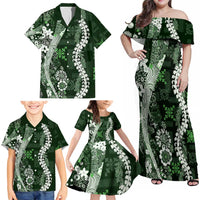 Hawaii Puakenikeni and Maile Lei Family Matching Off Shoulder Maxi Dress and Hawaiian Shirt Green Japanese Wave Style - Polynesian Pride