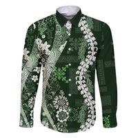 Hawaii Puakenikeni and Maile Lei Family Matching Off Shoulder Short Dress and Hawaiian Shirt Green Japanese Wave Style - Polynesian Pride