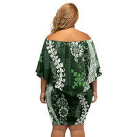 Hawaii Puakenikeni and Maile Lei Family Matching Off Shoulder Short Dress and Hawaiian Shirt Green Japanese Wave Style - Polynesian Pride
