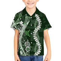 Hawaii Puakenikeni and Maile Lei Family Matching Short Sleeve Bodycon Dress and Hawaiian Shirt Green Japanese Wave Style - Polynesian Pride