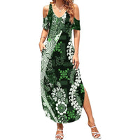 Hawaii Puakenikeni and Maile Lei Family Matching Summer Maxi Dress and Hawaiian Shirt Green Japanese Wave Style - Polynesian Pride