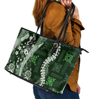 Hawaii Puakenikeni and Maile Lei Leather Tote Bag Green Japanese Wave Style LT9 - Polynesian Pride