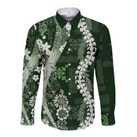Hawaii Puakenikeni and Maile Lei Long Sleeve Button Shirt Green Japanese Wave Style - Polynesian Pride