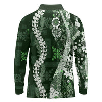Hawaii Puakenikeni and Maile Lei Long Sleeve Polo Shirt Green Japanese Wave Style - Polynesian Pride