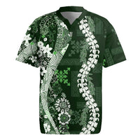 Hawaii Puakenikeni and Maile Lei Rugby Jersey Green Japanese Wave Style - Polynesian Pride