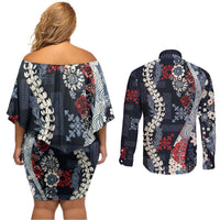 Hawaii Puakenikeni and Maile Lei Couples Matching Off Shoulder Short Dress and Long Sleeve Button Shirt Navy Blue Japanese Wave Style LT9 - Polynesian Pride