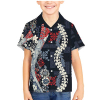 Hawaii Puakenikeni and Maile Lei Family Matching Mermaid Dress and Hawaiian Shirt Navy Blue Japanese Wave Style - Polynesian Pride