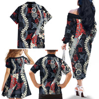 Hawaii Puakenikeni and Maile Lei Family Matching Off The Shoulder Long Sleeve Dress and Hawaiian Shirt Navy Blue Japanese Wave Style - Polynesian Pride