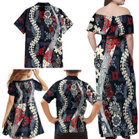 Hawaii Puakenikeni and Maile Lei Family Matching Off Shoulder Maxi Dress and Hawaiian Shirt Navy Blue Japanese Wave Style - Polynesian Pride