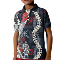 Hawaii Puakenikeni and Maile Lei Kid Polo Shirt Navy Blue Japanese Wave Style - Polynesian Pride
