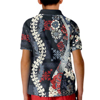 Hawaii Puakenikeni and Maile Lei Kid Polo Shirt Navy Blue Japanese Wave Style - Polynesian Pride