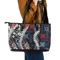 Hawaii Puakenikeni and Maile Lei Leather Tote Bag Navy Blue Japanese Wave Style LT9 - Polynesian Pride