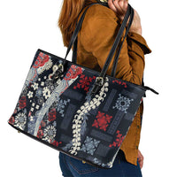 Hawaii Puakenikeni and Maile Lei Leather Tote Bag Navy Blue Japanese Wave Style LT9 - Polynesian Pride