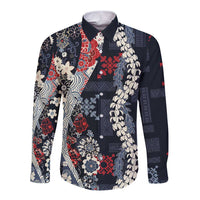 Hawaii Puakenikeni and Maile Lei Long Sleeve Button Shirt Navy Blue Japanese Wave Style - Polynesian Pride