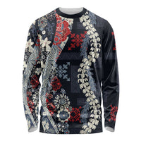 Hawaii Puakenikeni and Maile Lei Long Sleeve Shirt Navy Blue Japanese Wave Style - Polynesian Pride
