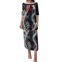 Hawaii Puakenikeni and Maile Lei Puletasi Navy Blue Japanese Wave Style - Polynesian Pride