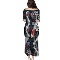 Hawaii Puakenikeni and Maile Lei Puletasi Navy Blue Japanese Wave Style - Polynesian Pride