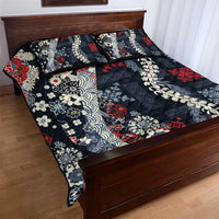 Hawaii Puakenikeni and Maile Lei Quilt Bed Set Navy Blue Japanese Wave Style - Polynesian Pride