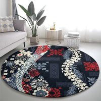Hawaii Puakenikeni and Maile Lei Round Carpet Navy Blue Japanese Wave Style - Polynesian Pride