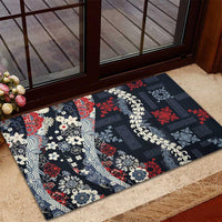 Hawaii Puakenikeni and Maile Lei Rubber Doormat Navy Blue Japanese Wave Style - Polynesian Pride