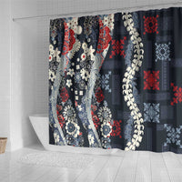 Hawaii Puakenikeni and Maile Lei Shower Curtain Navy Blue Japanese Wave Style - Polynesian Pride