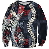 Hawaii Puakenikeni and Maile Lei Sweatshirt Navy Blue Japanese Wave Style - Polynesian Pride