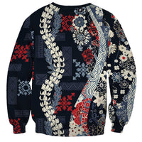 Hawaii Puakenikeni and Maile Lei Sweatshirt Navy Blue Japanese Wave Style - Polynesian Pride