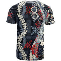Hawaii Puakenikeni and Maile Lei T Shirt Navy Blue Japanese Wave Style - Polynesian Pride