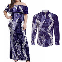 Hawaii Puakenikeni and Maile Lei Couples Matching Off Shoulder Maxi Dress and Long Sleeve Button Shirt Purple Japanese Wave Style - Polynesian Pride