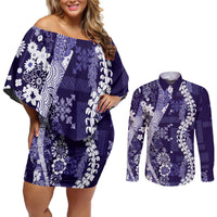 Hawaii Puakenikeni and Maile Lei Couples Matching Off Shoulder Short Dress and Long Sleeve Button Shirt Purple Japanese Wave Style - Polynesian Pride