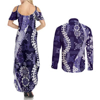Hawaii Puakenikeni and Maile Lei Couples Matching Summer Maxi Dress and Long Sleeve Button Shirt Purple Japanese Wave Style - Polynesian Pride