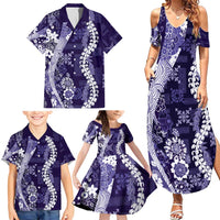 Hawaii Puakenikeni and Maile Lei Family Matching Summer Maxi Dress and Hawaiian Shirt Purple Japanese Wave Style - Polynesian Pride