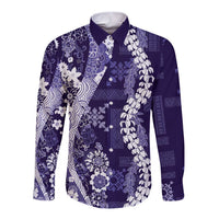 Hawaii Puakenikeni and Maile Lei Long Sleeve Button Shirt Purple Japanese Wave Style - Polynesian Pride
